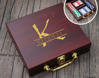 Personalized Poker Gift Set with Cards, Chips, & Dice including Engraved Case with Gold Color Fill (Each) See Additional Images and Details