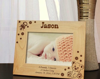 Newborn Baby Custom Personalized Picture Frame Engraved with Boy & Girl Announcement Design Options (Select Size and Frame Orientation)