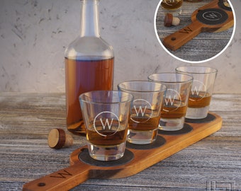 Personalized Whiskey Flight Sampler with Engraving Options for the Wood Handle, Slate Coasters, and 7oz. Whiskey Glasses