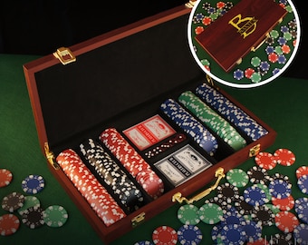 Personalized Poker Gift Set with Cards, Chips, & Dice including Engraved Case with Monogram Design Options (Each) See Additional Images