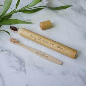 Personalized Bamboo Toothbrush and Travel Case Engraved with Text and Font Selection Choose Bristle Color Light Brown