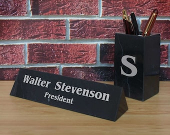 Personalized Black Marble Desk Set including Engraved Nameplate, Pen Holder, Business Card Holder, Organizer, & Letter Opener