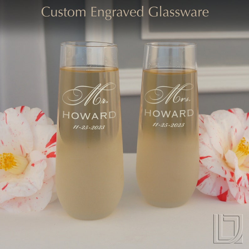 Personalized Stemless Champagne Toasting Flutes with Mr & Mrs Monogram Design Options Set of Two Frosted Base Option Shown image 3