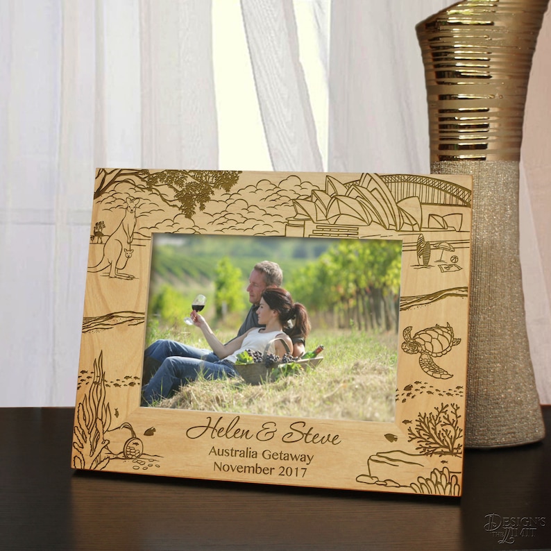 Select Size, Design, and Frame Orientation Australian Getaway Outback Inspired Personalized Picture Frame Engraved with Font Selection