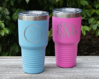 Personalized Stainless Steel Vacuum Insulated Travel Mugs Engraved with Monogram Design Options (Each)