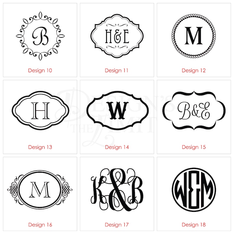 Puede incluir: Nueve dise&ntilde;os de monogramas diferentes para un regalo personalizado. Los dise&ntilde;os presentan diferentes fuentes y estilos, incluyendo una fuente de escritura cl&aacute;sica, una fuente de bloque simple y una fuente decorativa con remolinos.