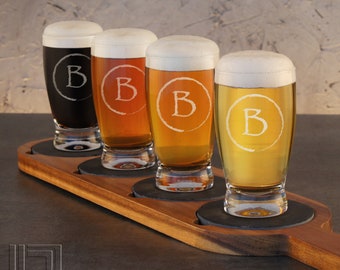 Personalized Craft Beer Flight Sampler with Slate Coasters and Beer Glasses