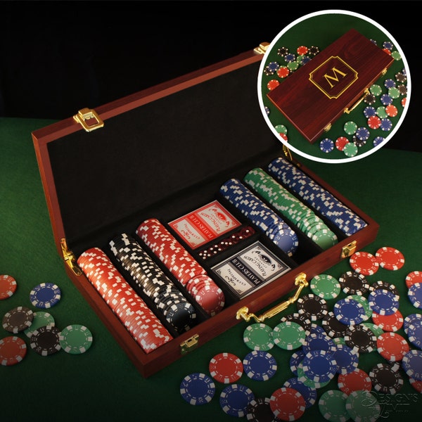 Personalized Poker Gift Set with Cards, Chips, & Dice including Engraved Case with Monogram Design Options (Each) See Additional Images