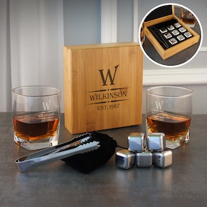 Rocks Whiskey Gift Set Two (2) 13 oz. Personalized Rocks Glass Tumblers with Engraved Bamboo Set including Ice Cubes & Tongs (Gift Set)