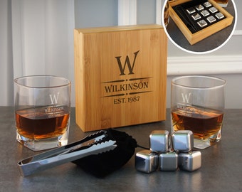 Rocks Whiskey Gift Set Two (2) 13 oz. Personalized Rocks Glass Tumblers with Engraved Bamboo Set including Ice Cubes & Tongs (Gift Set)