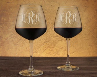 Monogrammed Wine Glass Engraved with Any Combination of Our Designs & Font from our Selection (Each, Choose Red or White Diamond Stemware)