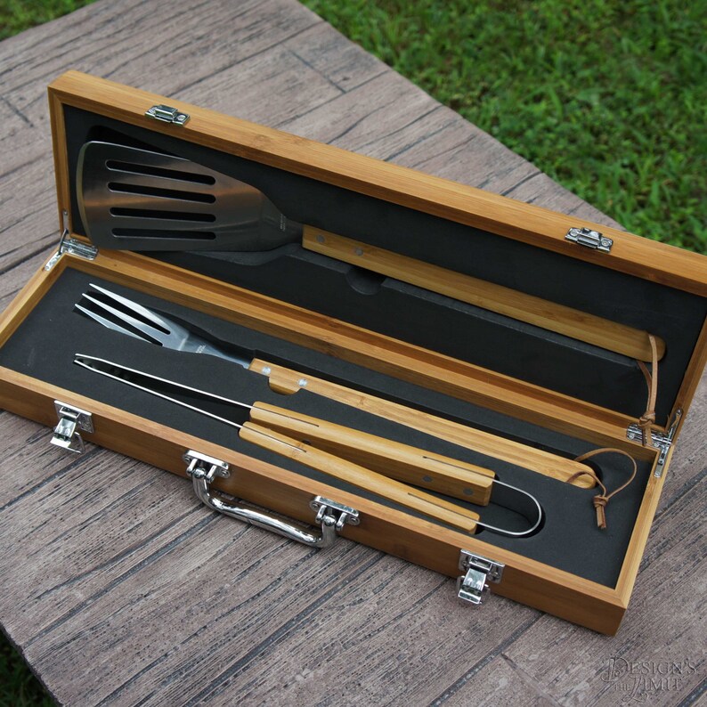 Personalized BBQ Tool Set Engraved with Font Selection and Monogram Design Options Each w/ 3 Piece Bamboo Tool Set in Case image 2