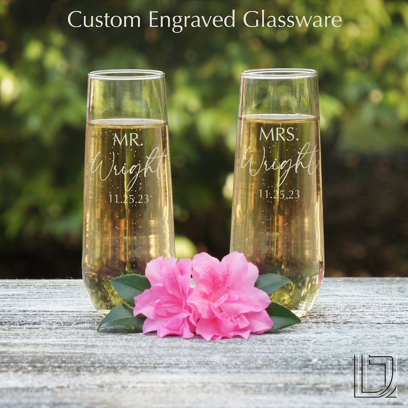 Personalized Stemless Champagne Toasting Flutes with Mr & Mrs Monogram Design Options Set of Two Frosted Base Option Shown image 2