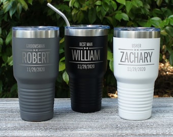 Personalized Stainless Steel Vacuum Insulated Travel Mugs Engraved with Groomsman Design Options (Each)