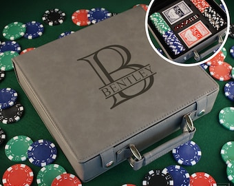 Personalized Poker Gift Set with Cards, Chips, & Dice including Engraved Case with Monogram Design Options (Each)