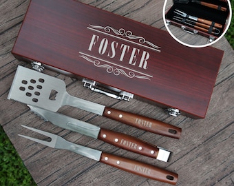 Personalized BBQ Tool Set Engraved with Design Options and Font Selection (Each w/ Three Piece BBQ Tool Set in Rosewood Case)