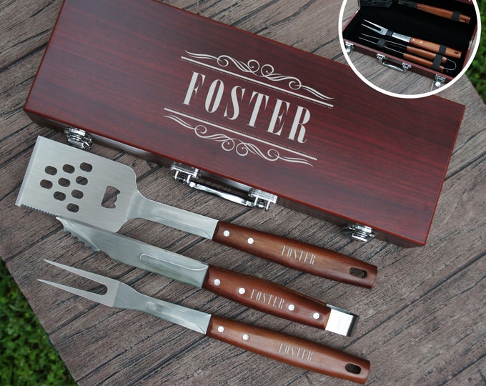 Personalized BBQ Tool Set Engraved with Design Options and Font Selection (Each w/ Three Piece BBQ Tool Set in Rosewood Case)