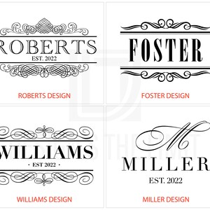 May include: Four different designs for personalized nameplates with decorative flourishes. Each design features a name, the year 2022, and the words "Design" below. The names are Roberts, Foster, Williams, and Miller.