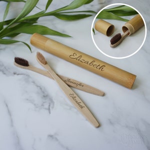 Personalized Bamboo Toothbrush and Travel Case Engraved with Text and Font Selection Choose Bristle Color Dark Brown