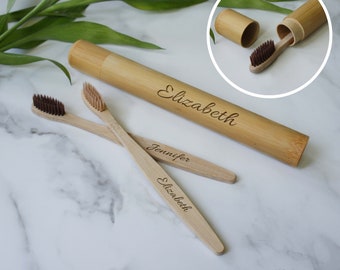 Personalized Bamboo Toothbrush and Travel Case Engraved with Text and Font Selection (Choose Bristle Color)