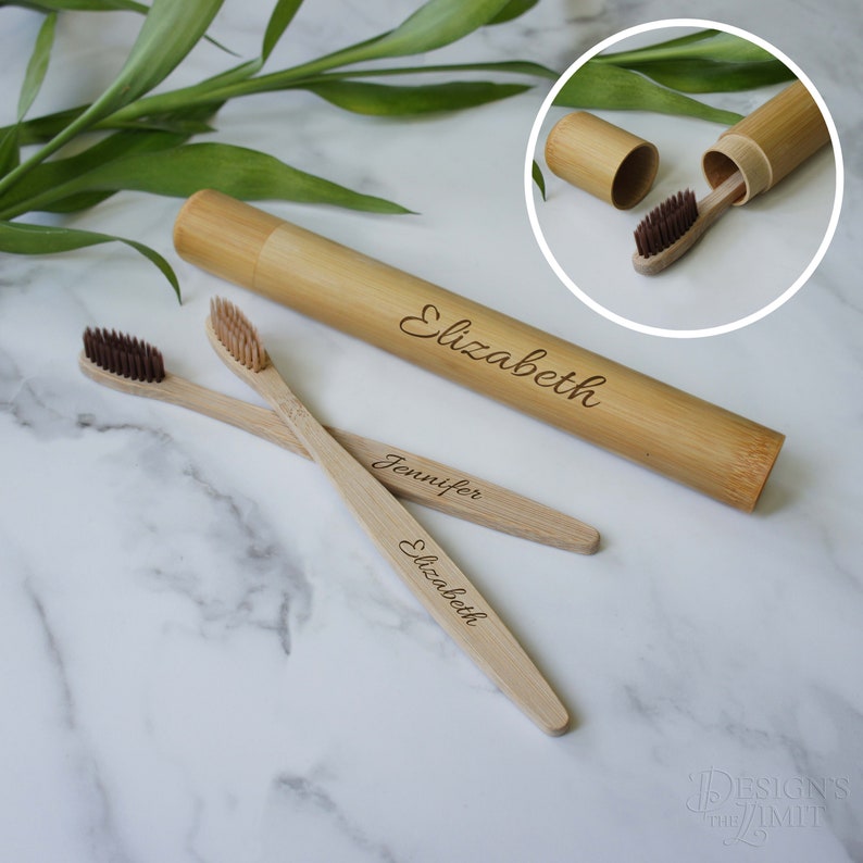 Personalized Bamboo Toothbrush and Travel Case Engraved with Text and Font Selection Choose Bristle Color Dark Brown