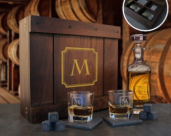 Personalized Gift Set including Wood Case, Rocks Tumblers, Stone Coasters, and Ice Stones (Set) Engraved with Monogram Design Options