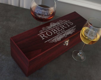 Personalized Rosewood Wine Box Set including Engraved Case with Family Monogram Design Options & Font Selection (See Additional Images)