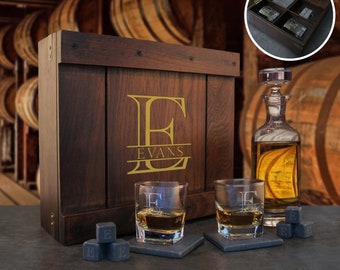Personalized Spirits Box including Whiskey Tumblers, Stone Coasters, and Ice Stones (Set) Engraved with Monogram Design and Font Selection