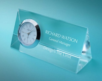 Personalized Crystal Nameplate with Clock with Custom Engraving & Choice of Font Selection for Personalization (Each) See Additional Images