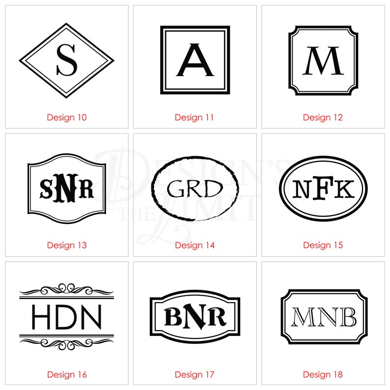 Pode incluir: Nove designs de monogramas diferentes com v&aacute;rias fontes e estilos. Os designs s&atilde;o numerados de 10 a 18.