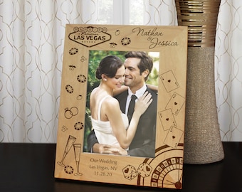 Married in Vegas Personalized Picture Frame Engraved with Vegas Design including Text and Font Selection (Select Size & Frame Orientation)