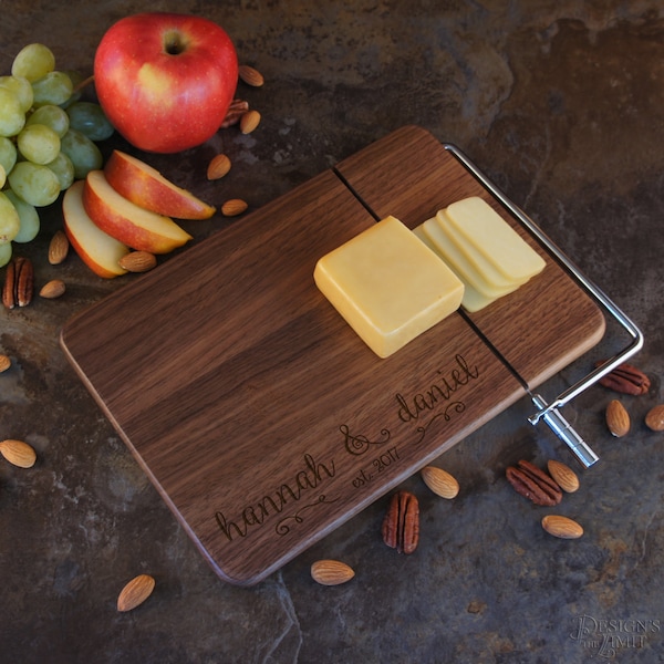 Personalized Cheese Board with Stainless Steel Cheese Wire Engraved with Monogram Design Elements and Font Selection (Each)