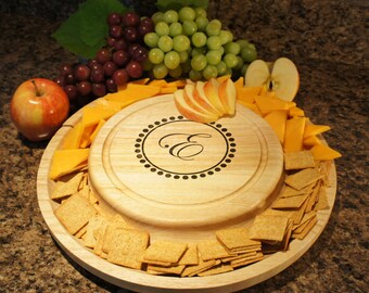 Personalized Serving Tray, Cutting Board, & Cheese Cutlery Set Engraved with Monogram Designs and Font Selection (Each - 13.4" Diameter)