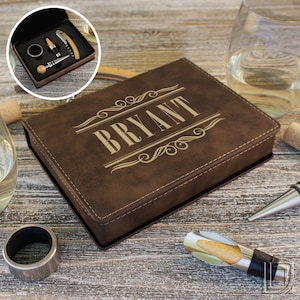 Personalized Wine Tool Set including Corkscrew, Wine Pour, Foil Cutter, & Bottle Stopper Engraved with Monogram Design Options (Gift Set)