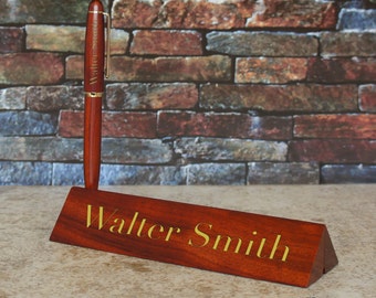 Personalized Nameplate with Pen Holder & Folding Pen Case Storage Engraved Rosewood with Font Selection ADD Choice of Pen or Pencil Optional