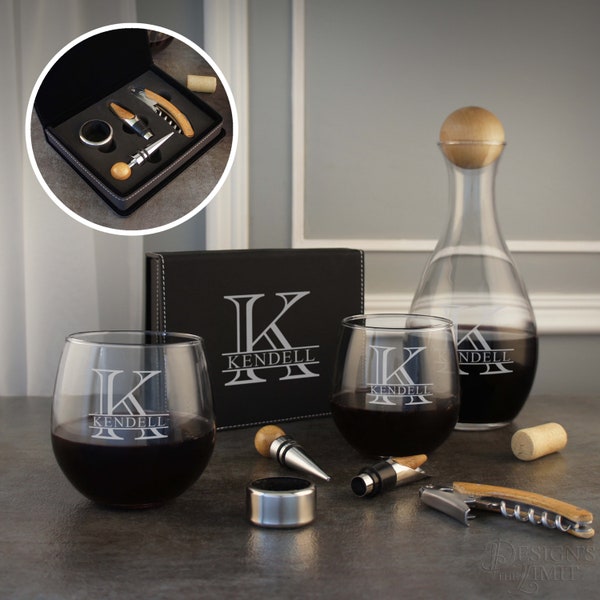Wine Decanter & Wine Tool Gift Set with Corkscrew, Wine Pour, Foil Cutter, and Bottle Stopper (Set) with Optional Stemless Wine Glasses