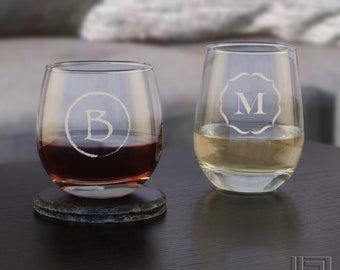 Stemless Personalized Wine Glasses Engraved w/ Monogram Design Options & Font Selection (Select Type of Glass - Each - Choose Any Quantity)