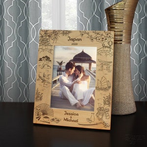 Japanese Vacation Personalized Picture Frame Engraved with Text and Font Selection (Select Photo Size and Frame Orientation)