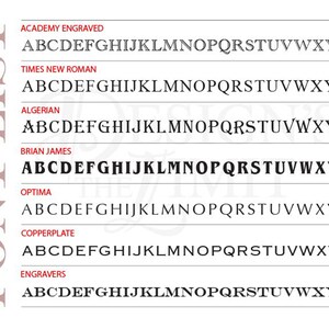 May include: A list of different font styles with the alphabet in each style. The fonts are Academy Engraved, Times New Roman, Algerian, Brian James, Optima, Copperplate, and Engravers.