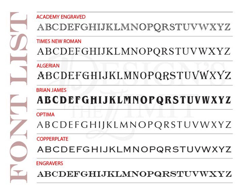 May include: A list of different font styles with the alphabet in each style. The fonts are Academy Engraved, Times New Roman, Algerian, Brian James, Optima, Copperplate, and Engravers.