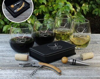 Personalized Wine Gift Set including Leatherette Wine Tool Set Engraved with Design Options & Optional Stemless Wine Glasses (Set)