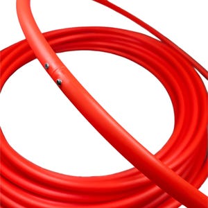 May include: A coiled, bright red hula hoop. The hoop is made of a smooth, flexible material and has a connecting joint secured with two silver rivets. The hoop is designed for exercise and recreational use.