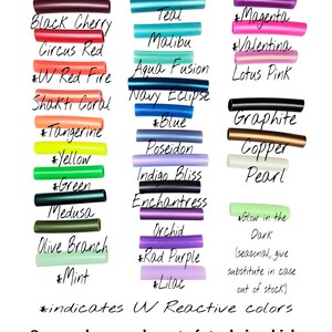 May include: A chart of 314" Polypro colors for crafting. The colors include Teal, Malibu, Aqua Fusion, Navy Eclipse, Blue, Poseidon, Indigo Bliss, Enchantress, Orchid, Rad Purple, Lilac, Magenta, Valentina, Lotus Pink, Graphite, Copper, Pearl, Black Cherry, Circus Red, W Red Fire, Shakti Coral, Tangerine, Yellow, Green, Medusa, Olive Branch, and Mint. Some colors are marked with an asterisk, indicating they are UV Reactive.  A note at the bottom states that some colors may be out of stock, and a substitute will be provided.