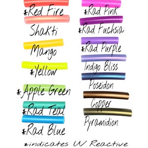 May include: A chart of 11/16 inch Polypro cord colors. The colors are Red Fire, Shakti, Mango, Yellow, Apple Green, Rad Teal, Rad Blue, Rad Pink, Rad Fuchsia, Rad Purple, Indigo Bliss, Poseidon, Copper, and Pyramidion. An asterisk indicates a color that is UV reactive.