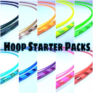 Puede incluir: Un collage de diez aros coloridos con diferentes patrones y colores. Los aros están dispuestos en dos filas de cinco. El texto "HOOP STARTER PACKS" está en el centro de la imagen.