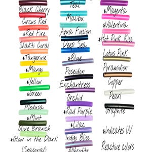 May include: A chart of 5/8 inch Polypro polymer clay colors. The colors are listed in two columns, with the names of the colors written next to each sample. Some colors are marked with an asterisk, indicating they are reactive colors. The text at the bottom of the chart reads "Some colors may be out of stock, in which case I will reach out for a substitute."