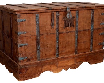 Large Vintage Teak Trunk: Antique Storage Chest with Ironwork