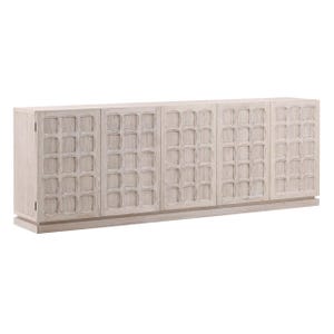 May include: A light-colored wooden sideboard with five doors. Each door features a repeating square pattern. The sideboard sits on a low, rectangular base. The wood has a natural, weathered appearance.