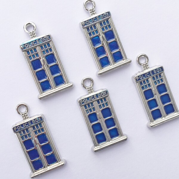 5 Police Box Tardis Enamel Silver Charms Royal Blue Silver Dr Who