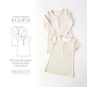 May include: A digital illustration of a sewing pattern for a simple dress with a button placket. The pattern is available in sizes 2-14. The text "thread faction studio" is at the top of the image.